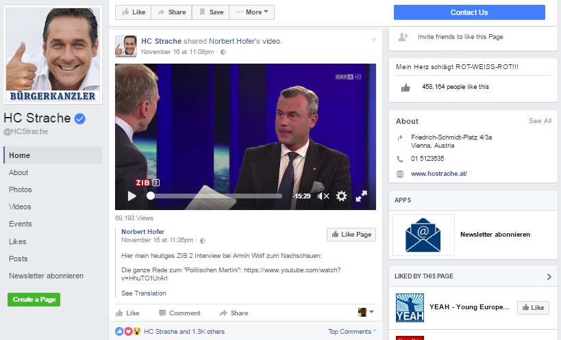  Screenshot of the ‘HC Strache’ Facebook page, with a post published on Nov. 16, 2016 featuring ORF anchor Armin Wolf interviewing Hofer